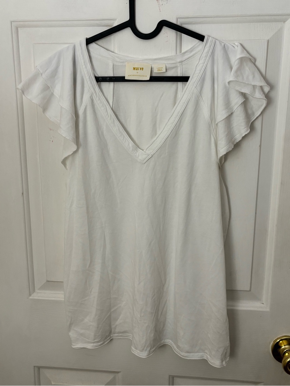 Anthropologie White V-Neck Flutter Sleeve Tee